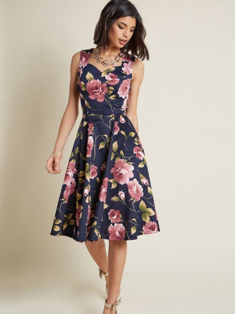 Modcloth Ixia Navy Pink Rose Floral Retro Swing Dress, 1X, NWT